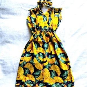 Hawaiian Banana Print Dress Girls 2T Jewel Neck Sleeveless Elastic Waist Yellow